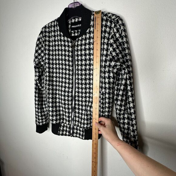 Philip Ayler White Black French Tweed Houndstooth Black Trim Zip Bomber Jacket - Picture 6 of 10